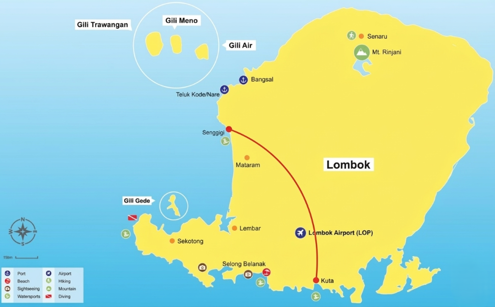 Senggigi to Kuta Lombok Map